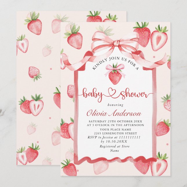Babyskare för trendig Watercolor Meadow Strawberry Inbjudningar (Fram/baksida)