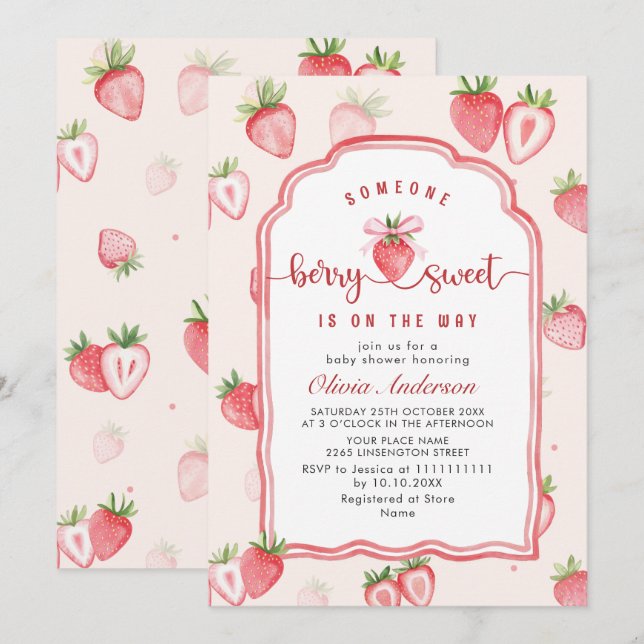 Babyskare för trendig Watercolor Meadow Strawberry Inbjudningar (Fram/baksida)