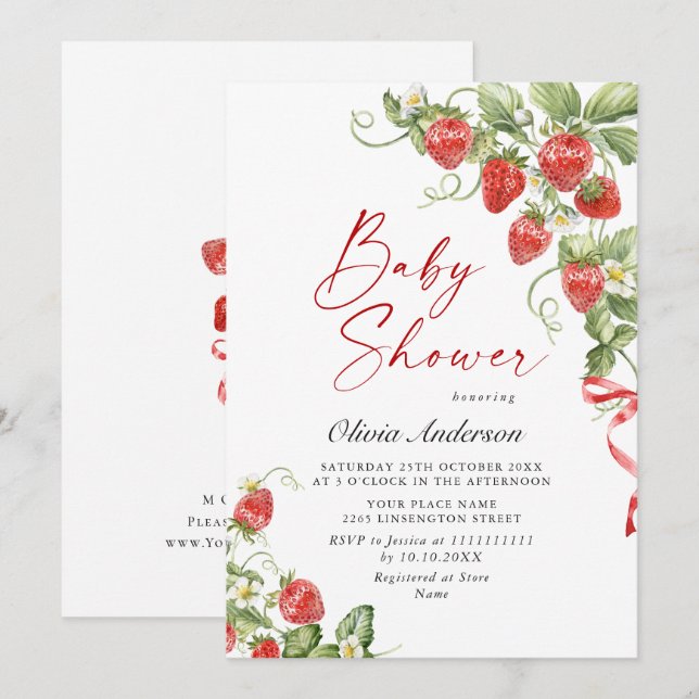 Babyskare för trendig Watercolor Meadow Strawberry Inbjudningar (Fram/baksida)