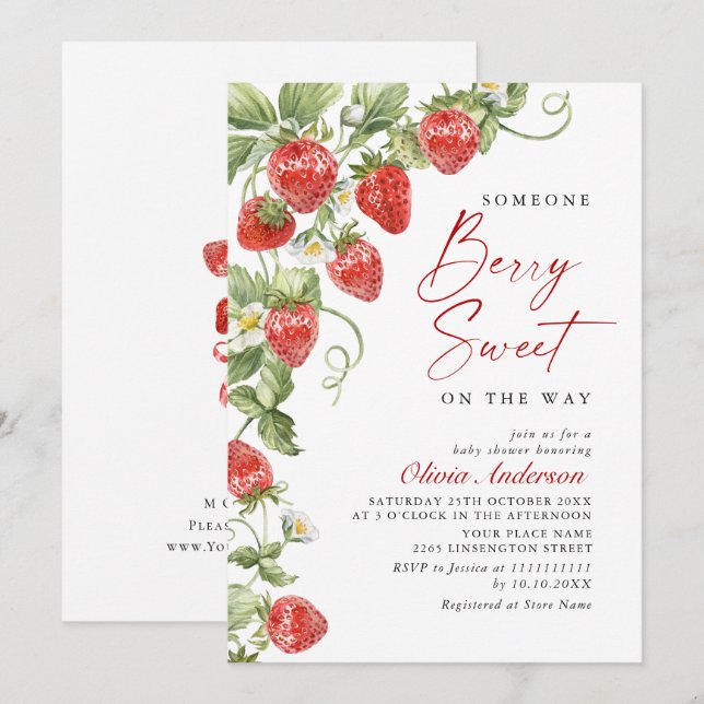 Babyskare för trendig Watercolor Meadow Strawberry Inbjudningar (Fram/baksida)