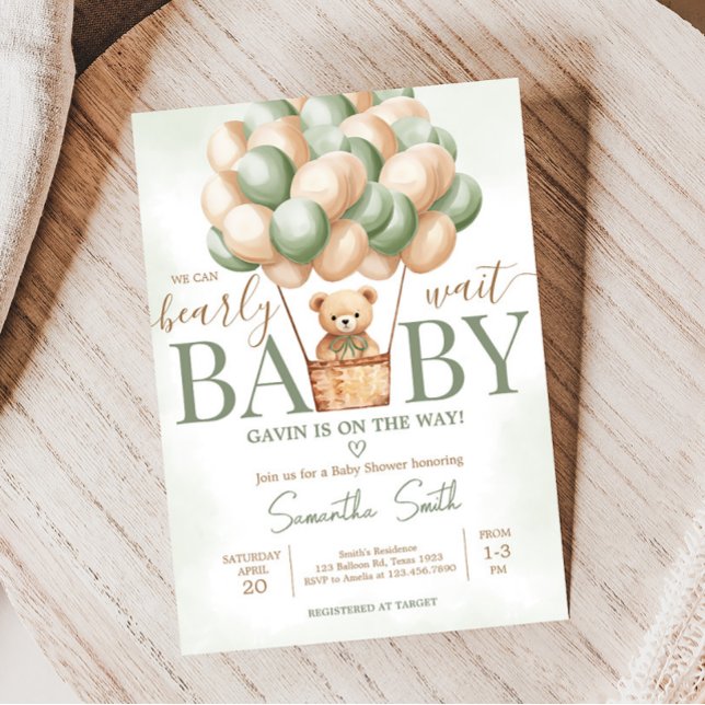 Babyskiss för Barly Wait Grönt-Luftballong Inbjudningar (Gender Neutral Baby Bear Balloons Baby Shower Invitation)