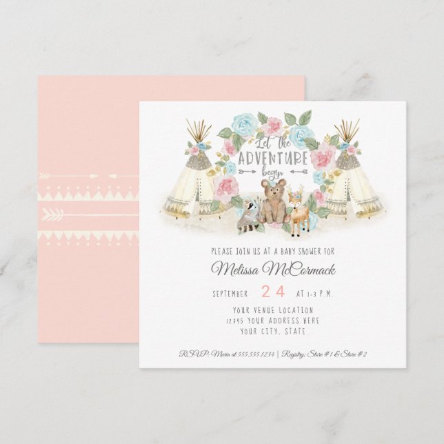 Babyskor Äventyr påbörjar Hjorten Bear  Inbjudningar (Fram/baksida)