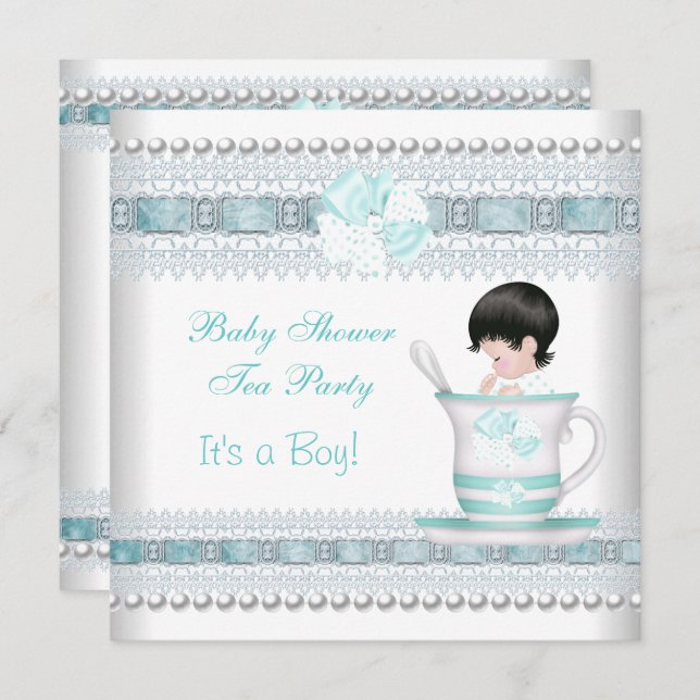 Babyskor Baby blue Tekopp Tea Party Inbjudningar (Fram/baksida)