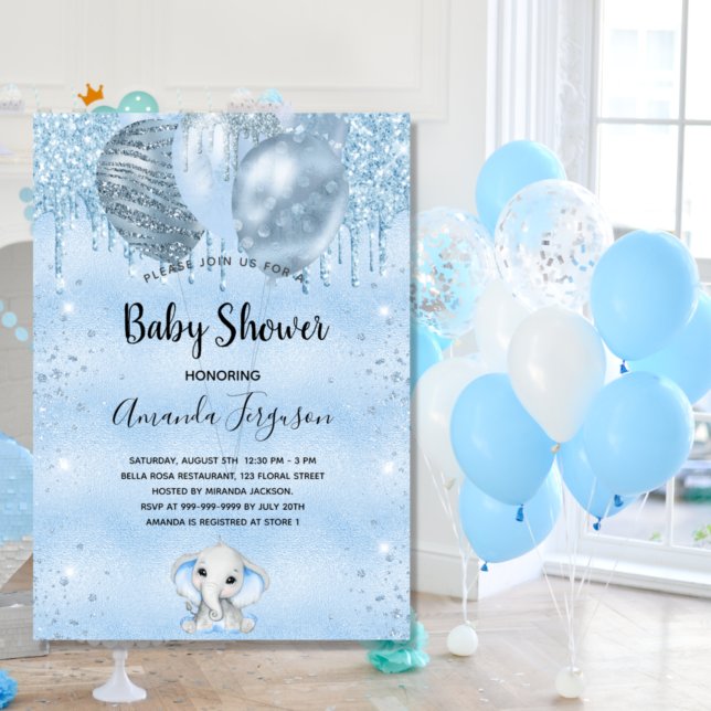 Babyskor Blåblå glitter-elefantballonger Inbjudningar (Skapare uppladdad)