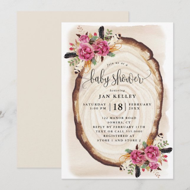 Babyskor, Blommigt för Rosa av träsegment Inbjudningar (Fram/baksida)