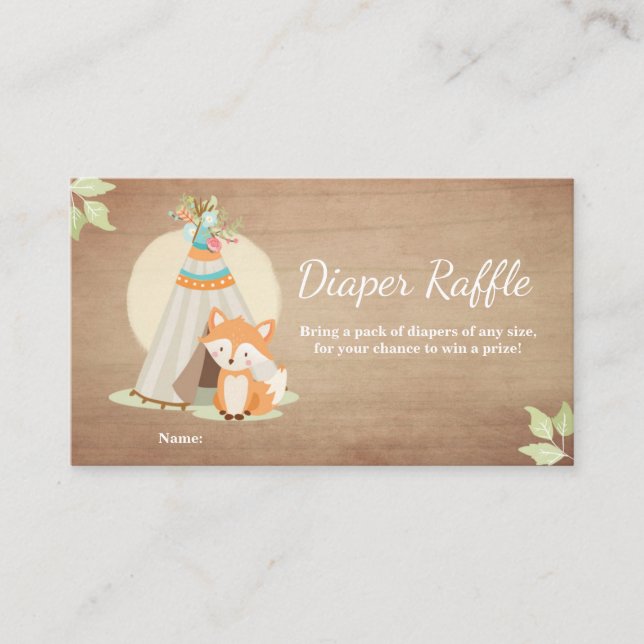 Babyskor Diaper Raffle Card Fox Teepee Woodland Tilläggskort (Framsida)