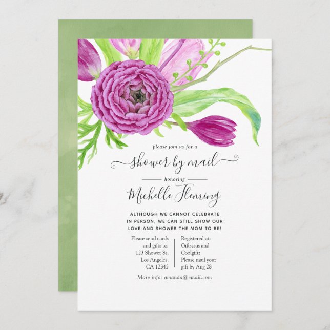 Babyskor efter Blommigt med vattenfärg per e-post Inbjudningar (Fram/baksida)