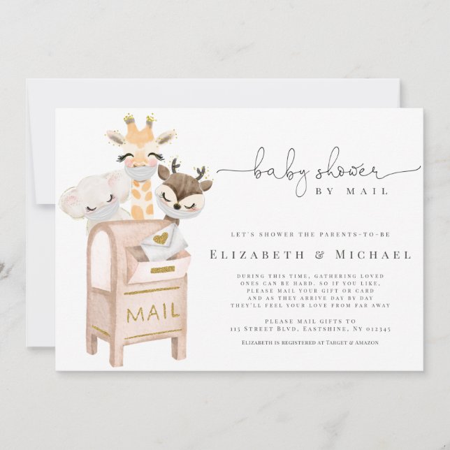 Babyskor efter brevlåda maskerad Baby djur Guld Inbjudningar (Framsida)