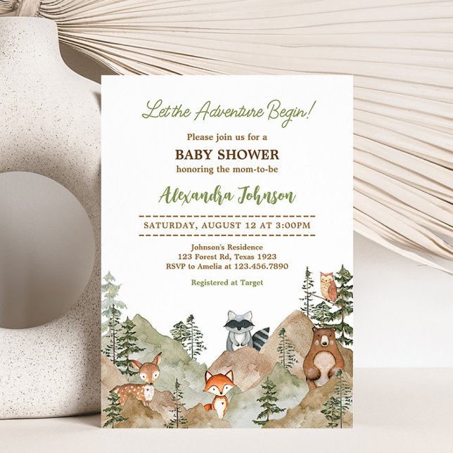 Babyskor för äventyr Begin Woodland Mountain Inbjudningar (Let the Adventure Begin Baby Shower Invitation)