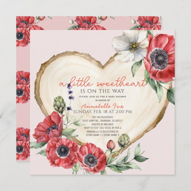 Babyskor för Baby Heart Wood Slice Baby Shower Inbjudningar (Fram/baksida)