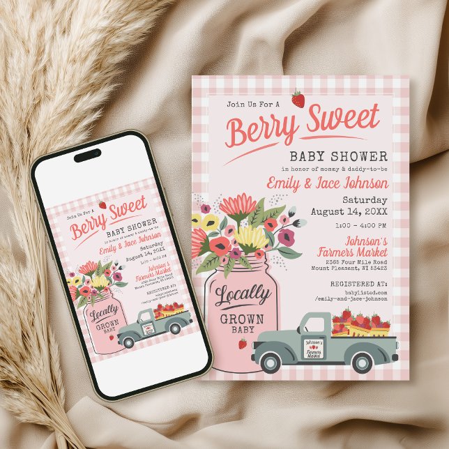 Babyskor för Berry Sweet Digital Farmers Market Inbjudningar (Cute modern hand drawn custom farmers market berry sweet gingham baby girl shower digital invitation)