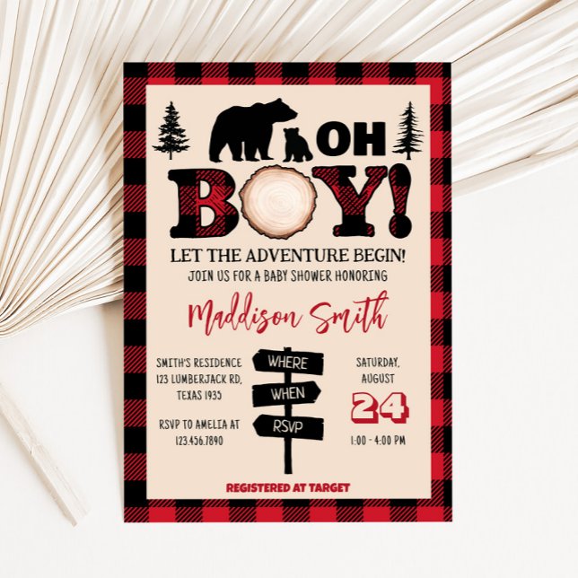 Babyskor för björnbjörn Unge Lumberjack Inbjudningar (Bear Cub Plaid Lumberjack Baby Shower Invitation)