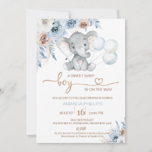Babyskor för blå Blommigt Elephant Balloons Babykl Inbjudningar