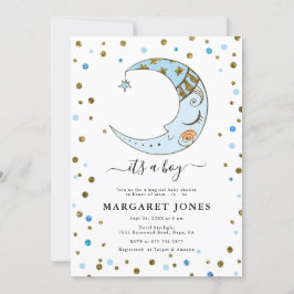 Babyskor för blå och Guld Glitter-konfetti Måne Inbjudningar