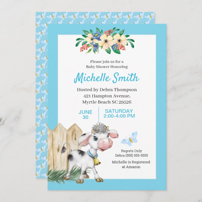 Babyskor för blå och vit Blommigt i rött ljus Inbjudningar (Fram/baksida)