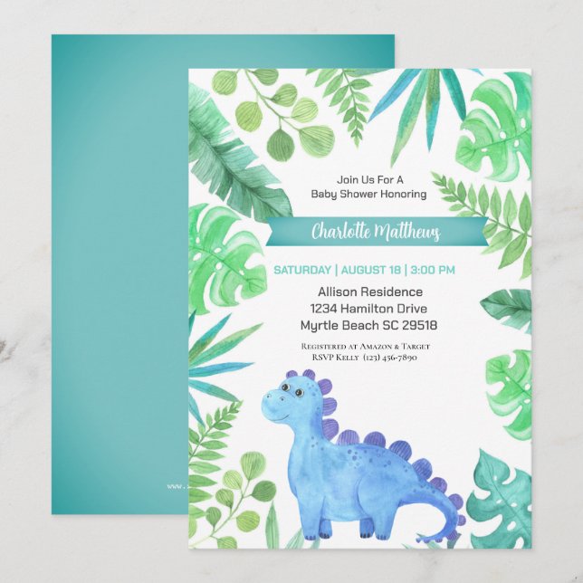Babyskor för blåfärgade blå dinosaur Boys Inbjudningar (Fram/baksida)