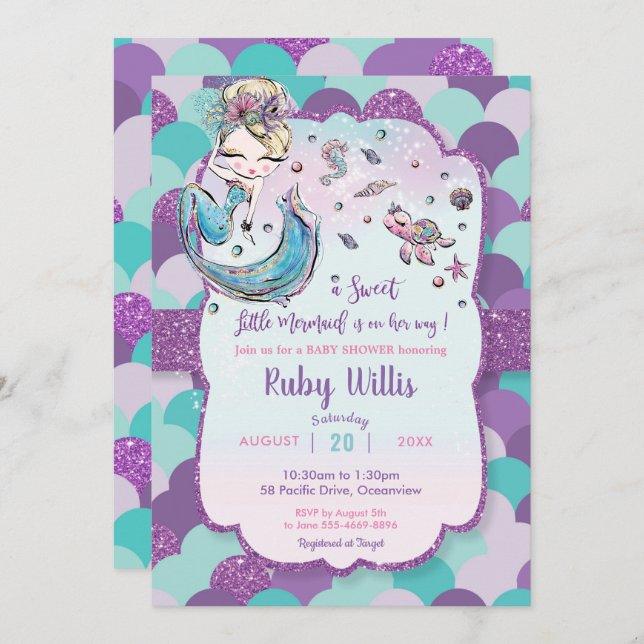 Babyskor för blodig Sjöjungfru under havets Lila Inbjudningar (Fram/baksida)