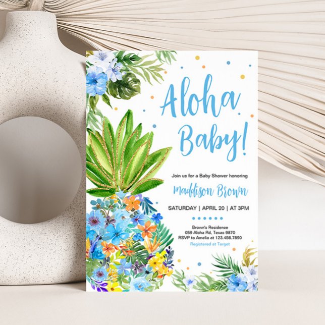 Babyskor för blommigt blå ananas inbjudningar (Blue Gold Pineapple Baby Shower Invitation)