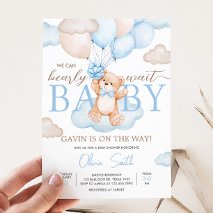 Babyskor för Blue Baby Bear Balloon Baby Shower Inbjudningar