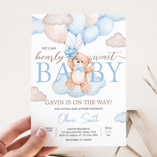 Babyskor för Blue Baby Bear Balloon Baby Shower Inbjudningar (Blue Bearly Wait Baby Bear Balloon Baby Shower Invitation)