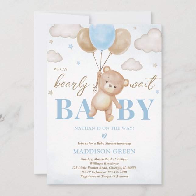 Babyskor för Blue Bear Balloon Inbjudningar (Framsida)