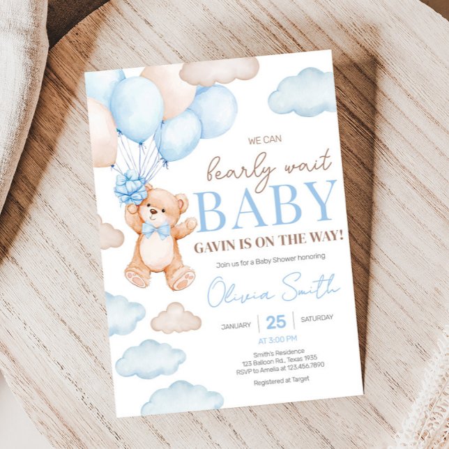 Babyskor för Blue Bear Balloon Inbjudningar (Blue Bearly Balloon Baby Shower Invitation)