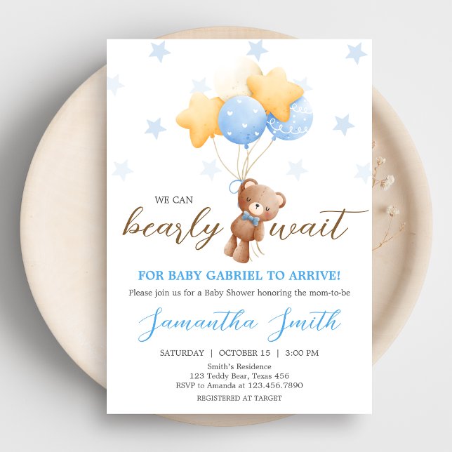 Babyskor för Blue Bear Balloon Inbjudningar (Boy We Can Bearly Wait Balloon Baby Shower Invitation)