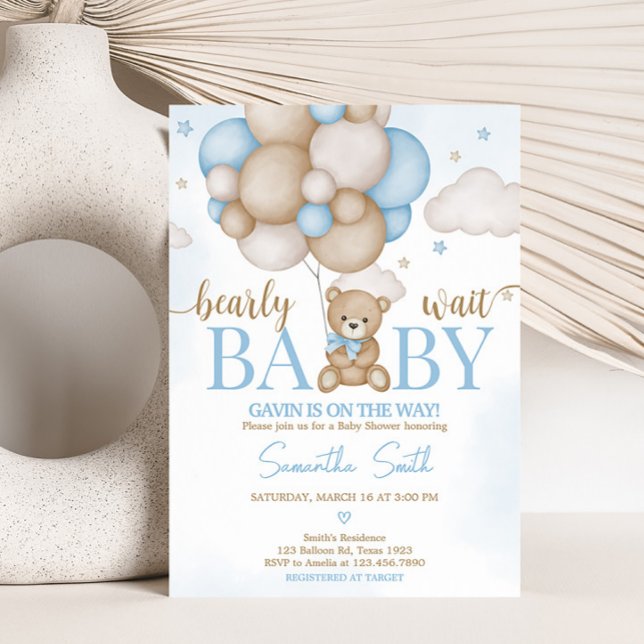 Babyskor för Blue Bear Balloon Inbjudningar (Teddy Bear Balloon Baby Shower Invitation)