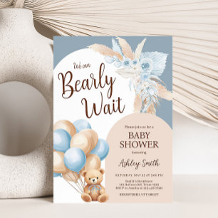 Babyskor för Blue Boho Bear Balloon Baby Shower Inbjudningar