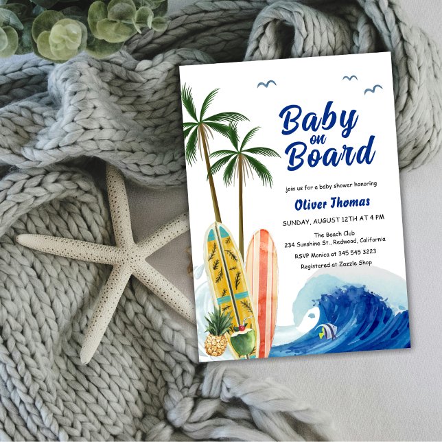Babyskor för Blue Ocean Wave Surfboard Inbjudningar (Blue Ocean Wave Surfboard Baby Shower Invitation)