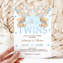Babyskor för Blue Twin Boys Bear Balloy Inbjudningar