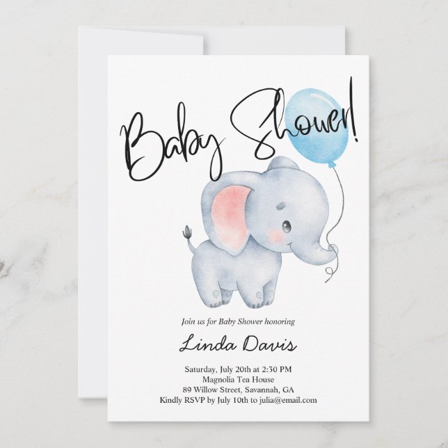 Babyskor för Cute Baby Elephant Blue Balloon Inbjudningar (Framsida)