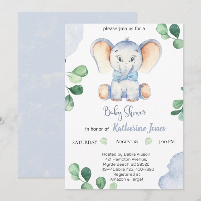 Babyskor för Cute Blue Elephant Boys Baby Shower Inbjudningar (Fram/baksida)