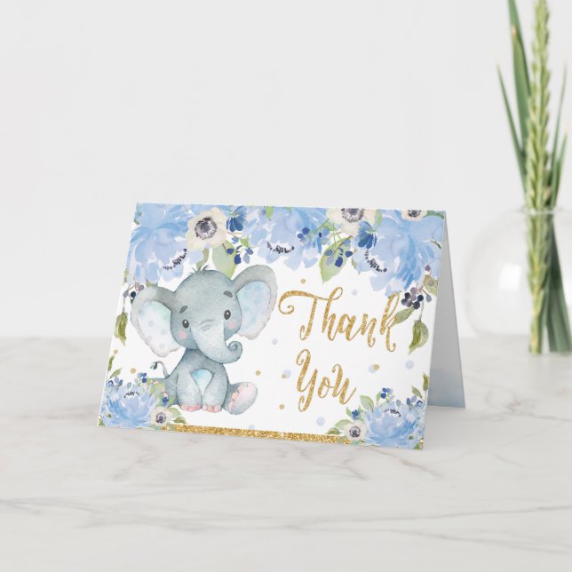 Babyskor för Cute Elephant Blue Blommigt Tack Kort (Framsida)
