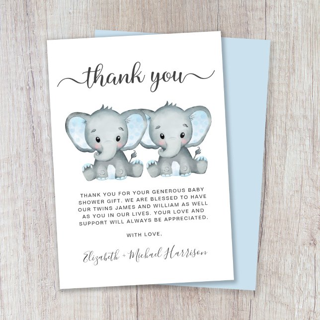 Babyskor för Cute Elephant Twin Boys Baby Shower Tack Kort (Skapare uppladdad)