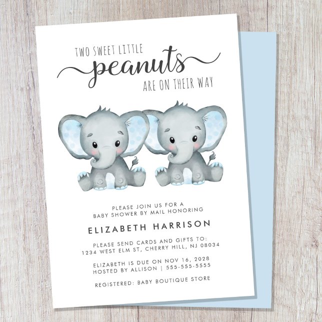 Babyskor för Cute Elephant Twin Boys med e-post Inbjudningar (Cute boy twins baby shower by mail invitation)