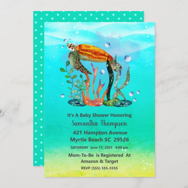 Babyskor för Cute Underwater Turtle Inbjudningar (Fram/baksida)