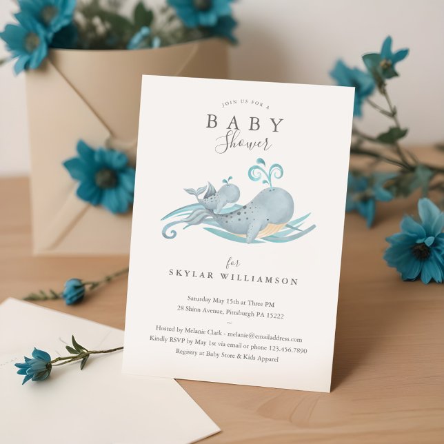 Babyskor för Cute Whimsical Mamma & Baby Whale Inbjudningar (Cute Whimsical Mommy & Baby Whale Baby Shower Invitation)