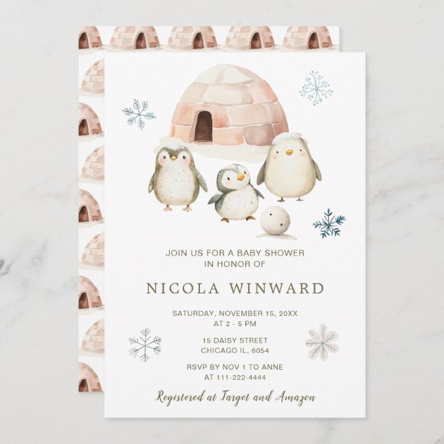 Babyskor för Cute Winter Penguins Baby Shower Inbjudningar (Fram/baksida)