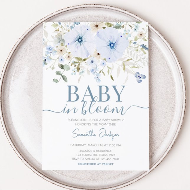 Babyskor för Dusty Blue Baby Bloom Baby Shower Inbjudningar (Boy Spring Flowers Baby Shower Invitation)