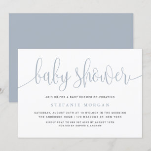 Babyskor för Dusty Blue Söt Calligraphy Baby Showe Inbjudningar