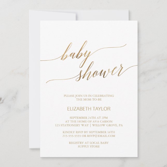 Babyskor för elegant Guld Calligraphy Inbjudningar (Framsida)