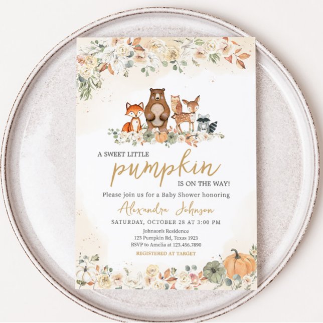 Babyskor för Fall Woodland Inbjudningar (Woodland Animals Fall Pumpkin Baby Shower Invitation)