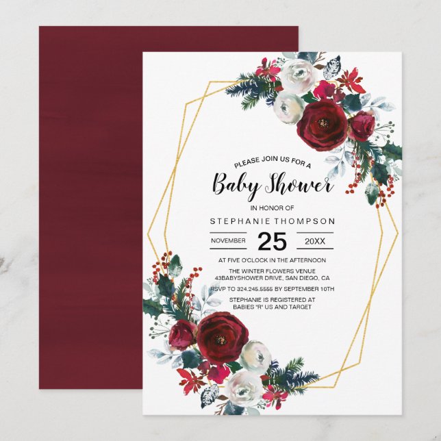 Babyskor för geometriska Ram burgundy-blommor Inbjudningar (Fram/baksida)