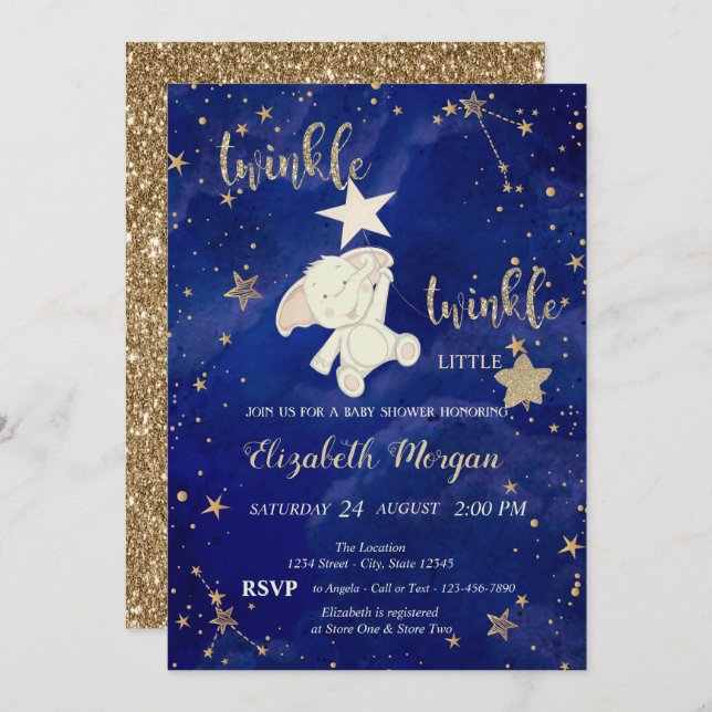 Babyskor för glitter Bear Twinkle Little Star Guld Inbjudningar (Fram/baksida)