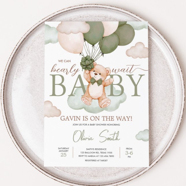 Babyskor för grönt Baby Bear Balloon Inbjudningar (Green Bearly Wait Baby Bear Balloon Baby Shower Invitation
)