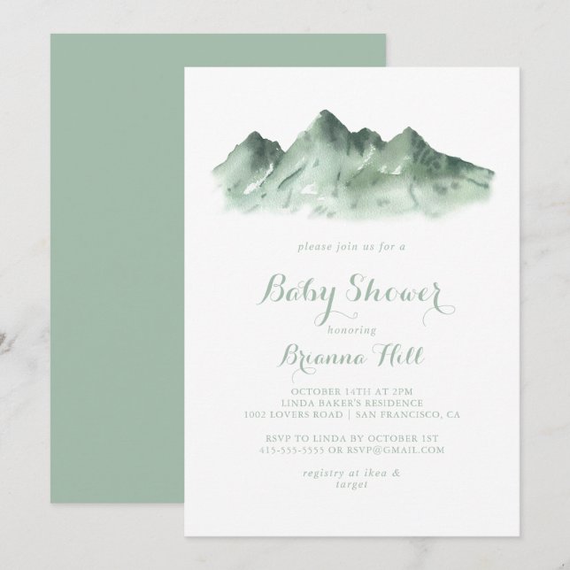 Babyskor för grönt Land Calligraphy Mountain Inbjudningar (Fram/baksida)