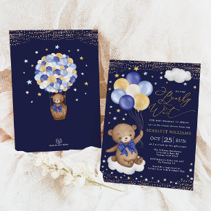 Babyskor för Guld Nalle Balloons Boy Baby Shower Inbjudningar