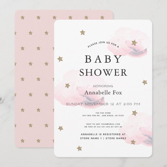 Babyskor för guld Stars & Fluffy Rosa Clouds Inbjudningar (Fram/baksida)