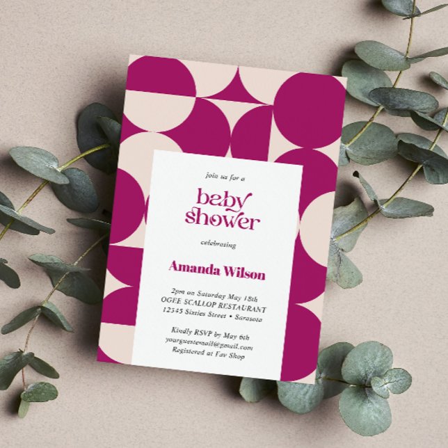 Babyskor för lila Circle Scallop Mid Century Inbjudningar (Purple Gender Neutral Mid Century Modern baby shower invitation. Retro Vintage)